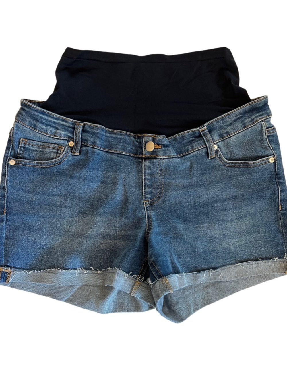 Time and Tru Maternity Rolled Cuff Denim Shorts, Medium Wash | Women’s L (12-14) - Picture 2 of 4